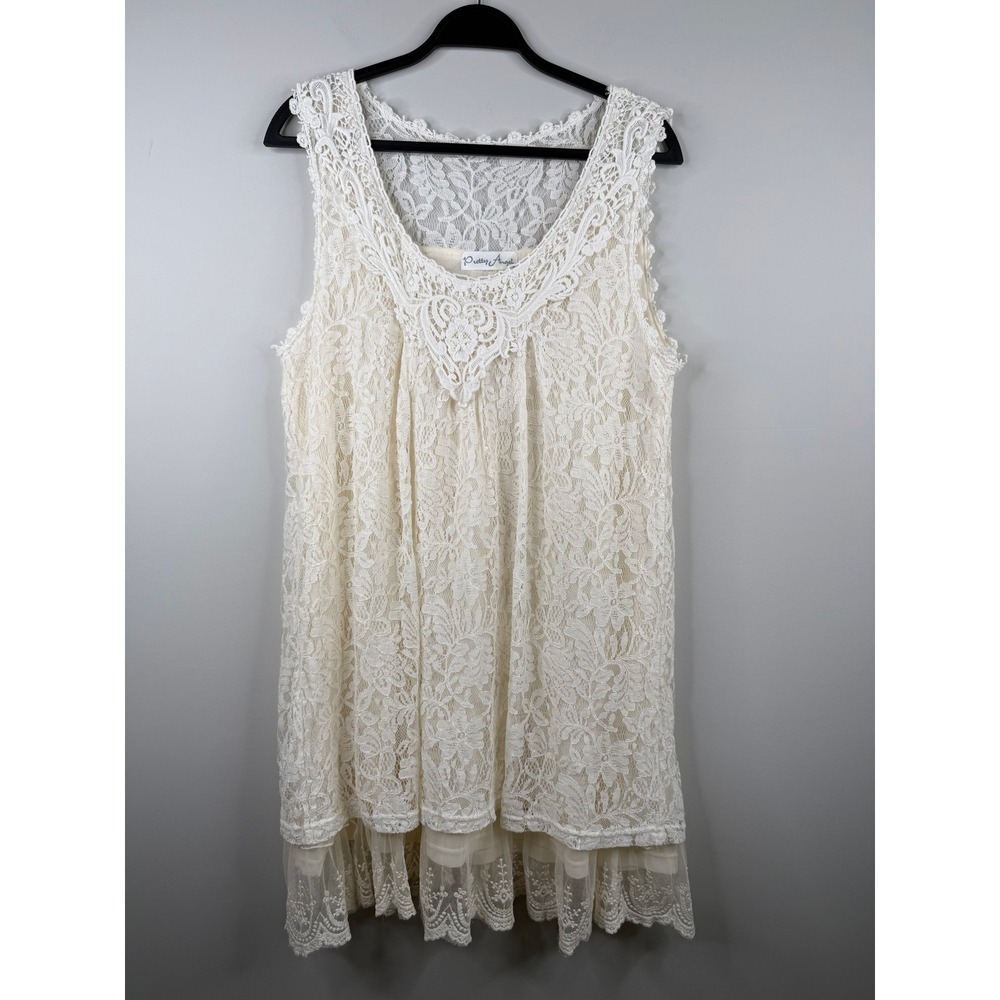 Pretty Angel Womens Ivory Floral Lace Linen Blend Sleeveless Boho Tunic Dress